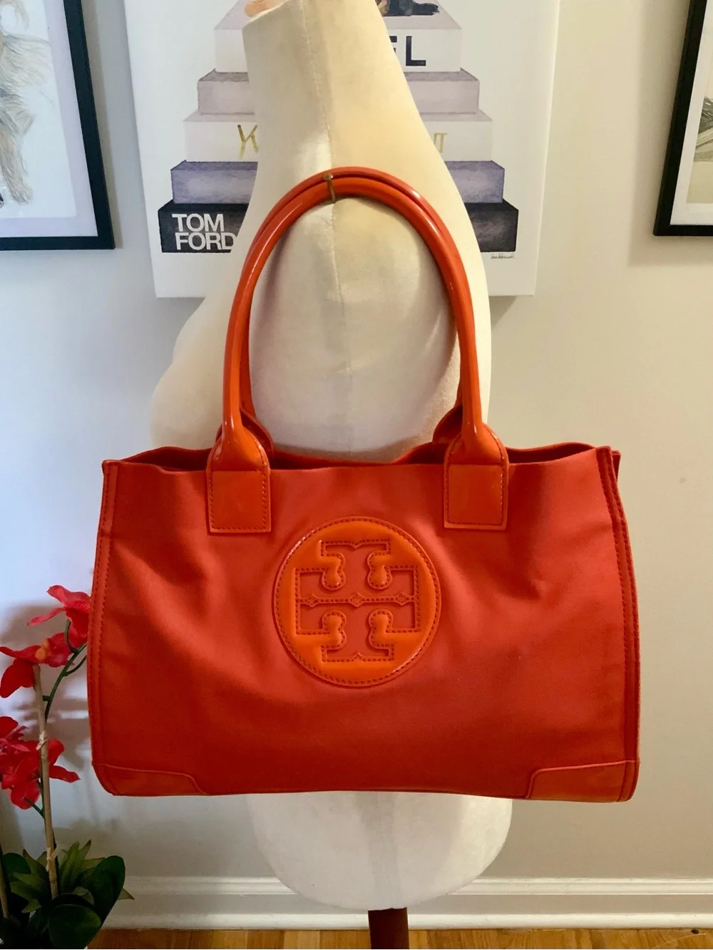 TORY BURCH ELLA CANVAS & PATENT TOTE PUMPKIN ORANGE